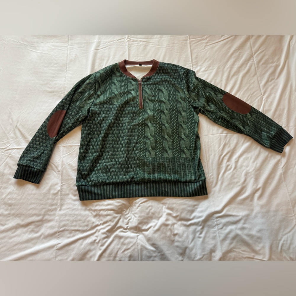 Men’s Green Quarter Zip Ribbed Top w/ Elbow Patches – Size L – NEW Without Tags